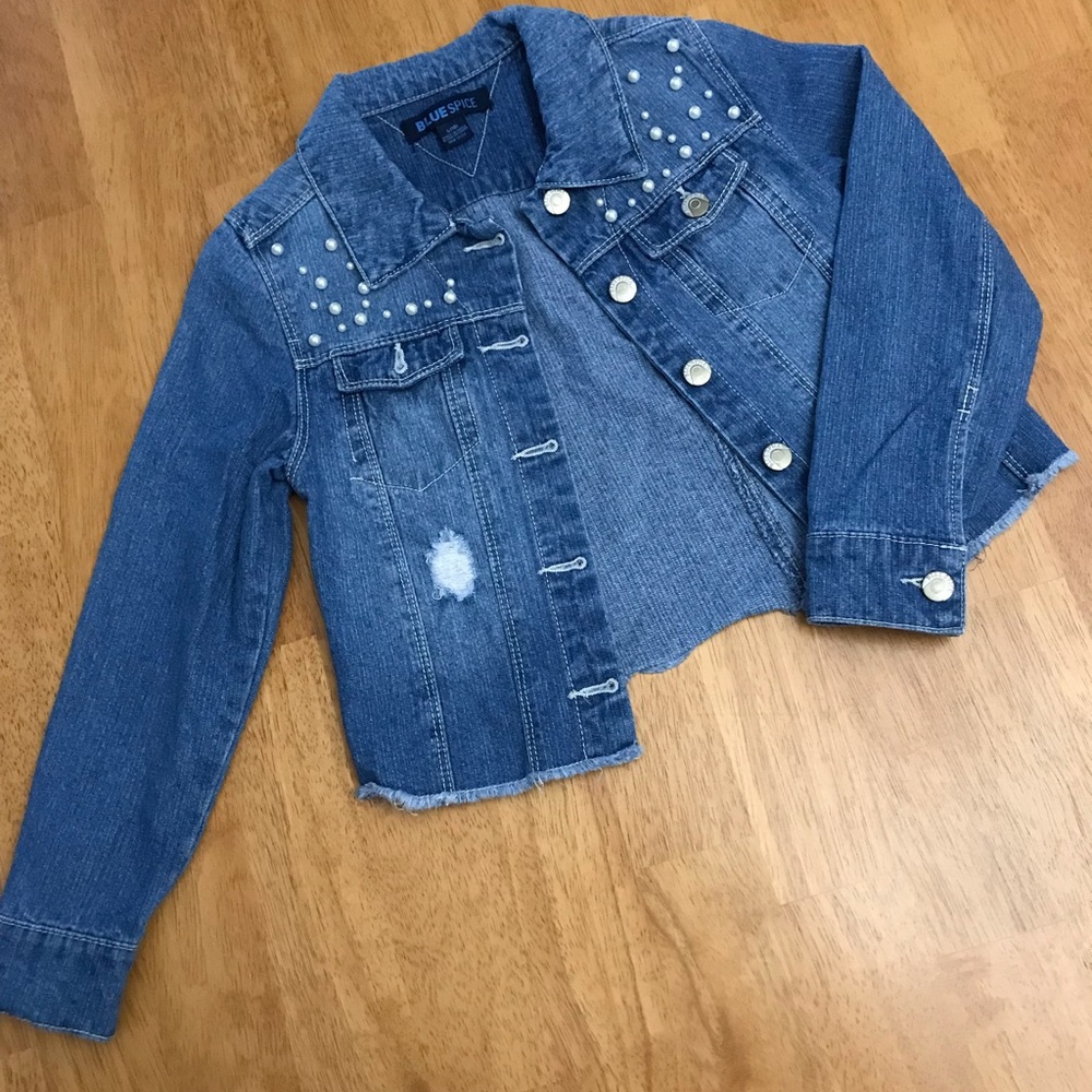 Girls cropped, worn, pearl embellished jean jacket